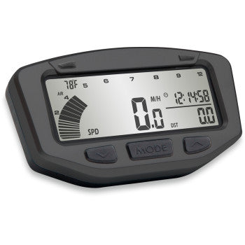 The Vapor Speedometer Tachometer Computer by Trail Tech is a waterproof LCD for motorcycles, showing speed, tachometer, temperature, clock, distance, and indicators. Its rectangular screen features MODE and arrow buttons for easy use.