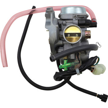 Metal Kawasaki replacement carburetor with silver finish, attached black and pink hoses, and electrical wiring.