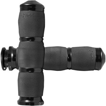 Two black Indian 3-Ring Air Cushioned Grips - Anodized by Avon Grips are crossed on a white background, highlighting their textured air-cushioned design—ideal for Indian motorcycles.
