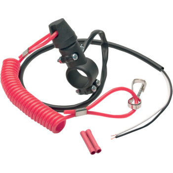 Universal Tether Kill Switch Battery Open by Maier: red coiled lanyard, black handlebar mount for 7/8 bars, silver clip, exposed red/black wires, two pink wire connectors—perfect for marine or power sports safety.