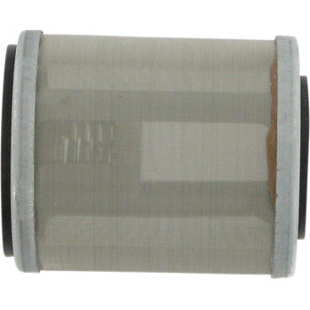 The Oil Filter by Parts Unlimited is a cylindrical metal mesh Pro Series filter with black rubber end caps and silver metal rims on both ends, designed to meet OEM requirements, shown against a plain white background.