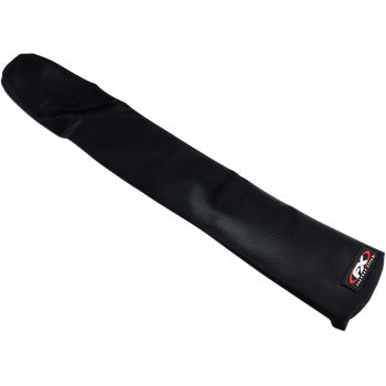 The Grip Seat Cover KFX 450 by Factory Effex is a black, elongated cover with a tapered end, small logo at the wider end, and triple-stitched construction for durability, shown on a white background.