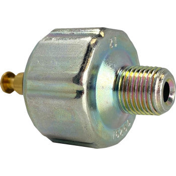 The Polaris Ranger Polaris RZR Brake Light Pressure Switch by Moose Offroad features a metal adapter with hex nut body, male thread, and brass nozzle, ideal for connecting pipes or hoses in brake switch assemblies.