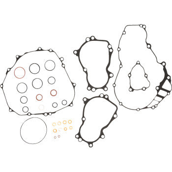 The Honda Bottom End Gasket Kit by Cometic features various black gaskets and small orange and yellow oil seals arranged on a white background—perfect for your next engine rebuild.