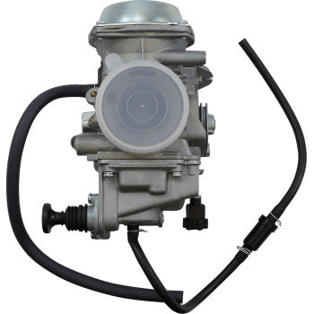 Silver metal Honda replacement carburetor with attached black rubber hose and round air intake cover.