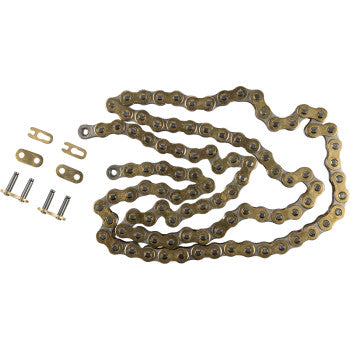 The Pro MX 428 RXP Chain Gold 100 Links by Moose Offroad is shown in a loose zigzag shape on a white background, accompanied by four small bolts and two chain connector links.