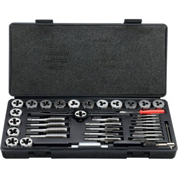 The Tap and Die Metric 40 Piece by Moose Offroad comes in a black plastic case with high-speed steel taps, dies, handles, a screwdriver, and assorted thread cutting tools neatly organized in dedicated slots.