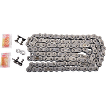The 520 Max O Drive Chain 110 Links by RK, a coiled Japanese O-ring chain for bikes or motorcycles, includes two master links and two small lubricant packets, all shown on a white background.