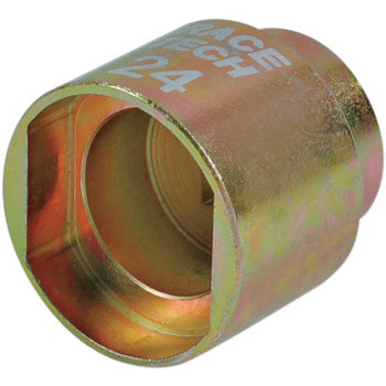 A close-up of the Shock Compression 24 mm Adjuster Socket by Race Tech, showing its metallic, cylindrical design with hexagonal inner opening and “24 mm” marking—a perfect tool for rear shock compression adjusters.
