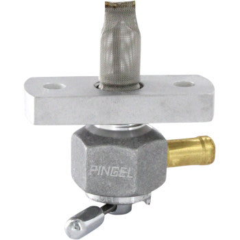 The Honda Power Flo™ Petcock Fuel Valve by Pingel is a billet aluminum fuel valve with a hex base, brass outlet, mesh top filter, and lever handle—engineered for precise fuel control in your motorcycle.