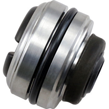 Close-up of a Seal Head Assembly Rear 40 mm ID Body x 14 mm OD Shaft x 22 mm KYB by Race Tech, with a metallic cylindrical design and black rubber gaskets, used in industrial equipment to prevent leaks.