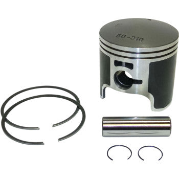 The Polaris Piston Kit 75.25 mm by Wsm includes a metal piston with hardened top, two piston rings, a cylindrical wrist pin, and two small circlips arranged on a plain white background.