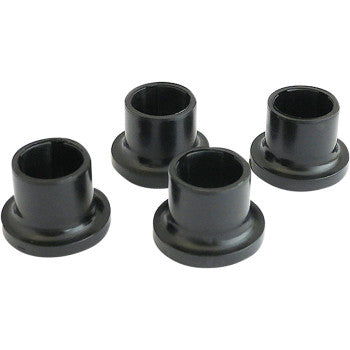Four black, cylindrical plastic A-Arm bushings with flanges are shown together on a white background. The A-Arm Bushing Kit Front by Epi offers OEM-quality replacement for precise and reliable performance.