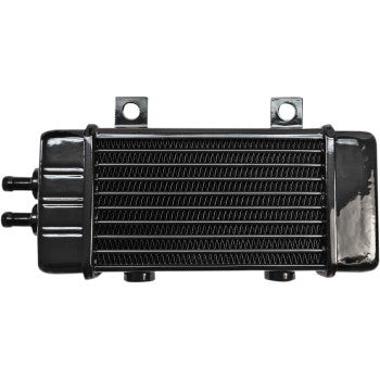 The Universal Oil Cooler - 10-Row - Gloss Black by Jagg Oil Coolers features a rectangular finned core for efficient cooling, two left-side inlet/outlet pipes, and dual top mounting brackets, similar to other Jagg Oil Coolers.