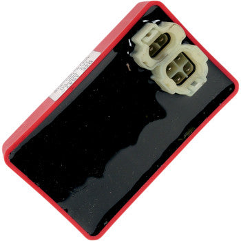 Rectangular black and red Honda Hot Shot CDI ignition box with dual white electrical connectors.
