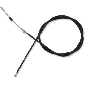 The Yamaha Black Vinyl Brake Cable by Parts Unlimited features a long black push-pull design with a metal rod and threaded end, coiled in a loop—engineered to OEM specs for an exact fit.