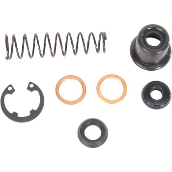 Metal coil spring, two copper washers, black rubber seals, and a black metal clip arranged on white background.