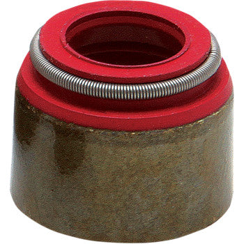 A close-up of a red and metal Valve Seal 6 mm by Kibblewhite featuring a visible coiled spring around the top, designed for automotive engines to control oil flow to the valve stem.