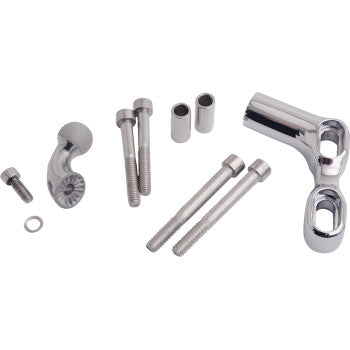 Chrome offset T-shaped bracket, bolts, washers, and two cylindrical spacers for the Perch Mount - Offset - Chrome by Ciro, arranged on a white background.
