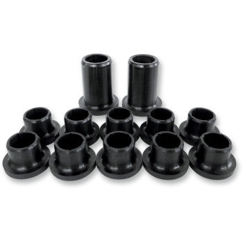 The Rear Swingarm Bushing Kit by Epi includes twelve black OEM-quality cylindrical bushings with flanged bases, neatly arranged in rows on a white background.