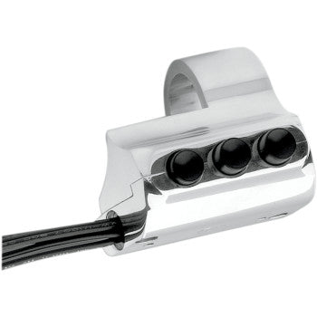 The Contour Billet Handlebar Switch - Right Side - Three Button - Chrome by Performance Machine features three black buttons and side-wired cables.