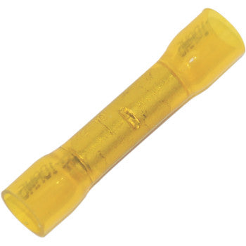 The Butt Splices 11 12 Gauge 25PK by Namz are yellow, heat-sealable insulated connectors for joining electrical wires, shown on a white background.
