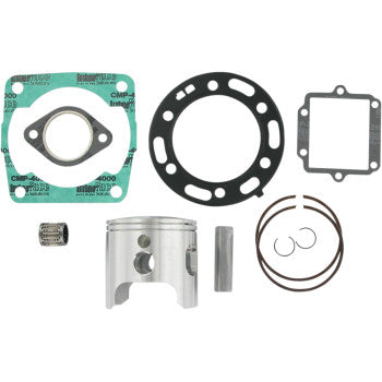 The Polaris Sportsman Piston Kit with Gaskets 84.00 mm 4x4 by Wiseco includes a piston, rings, gaskets, bearing, clips, and wrist pin, all shown organized on a white background.