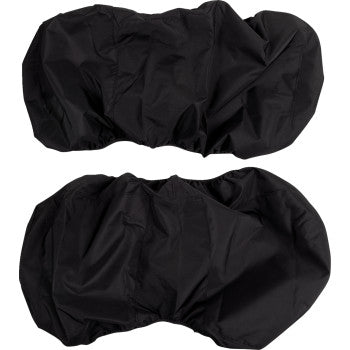 A pair of black Kawasaki Mule Seat Covers by Moose Offroad, made from elastic, water-resistant fabric with gathered edges, are shown laid flat on a white background, indicating protective and easy-to-install seat covers.