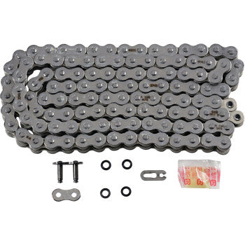 The 520 Max X Chain 120 Links Chrome by RK, complete with connecting links, O-rings, master link, and lubricant packet, is displayed on a white background.