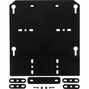 The UTV Click N' Go 2 Plow Mount Bracket by Kimpex features a black metal mounting plate with multiple holes and slots, four black brackets, and several screws, all displayed on a white background—perfect for plow bracing or a Click N' Go 2 system.