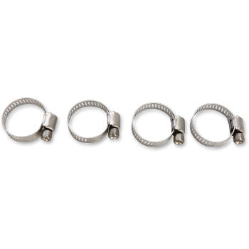 Four Clamp Hose Stainless Steel 10-25 mm by Moose Offroad are arranged in a row on a white background. Each clamp, part of the 4 pack, features a slim, low-profile design and an adjustable screw mechanism for tightening or loosening.
