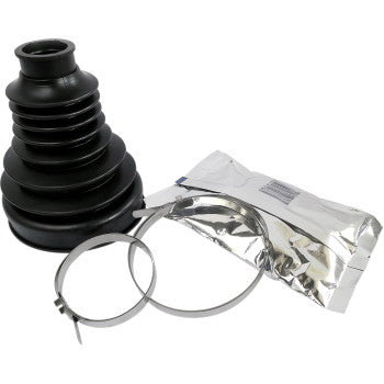 Black ribbed rubber CV boot, two silver metal clamps, and a sealed silver foil packet.