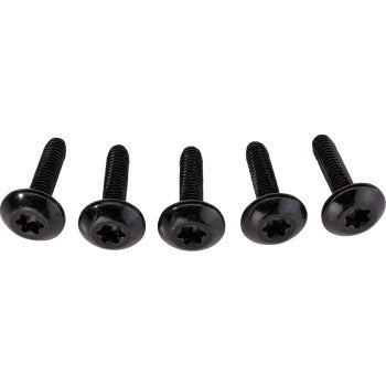 Five black Phillips head bolts from the Polaris RZR Body Panel Bolt Hardware Kit by Moose Offroad are lined up horizontally on a white background, with heads facing forward and threads pointed back—ideal for Polaris UTVs.
