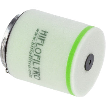 The HFF1023 Honda Foam Air Filter by HiflofiSuzuki LTR o is a cylindrical Hiflo foam filter with a metal clamp and green end ring, designed for maximum filtration and high airflow.