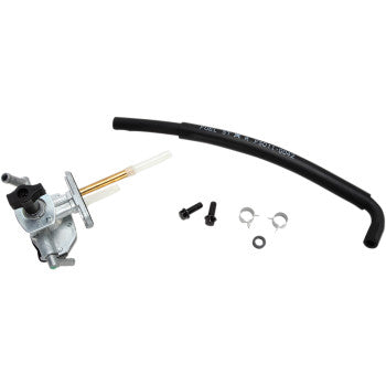 The Suzuki Petcock Fuel Kit by All Balls includes a metal valve, attached tubes, OE replacement curved black fuel line hose, two screws, two hose clamps, and a washer—displayed on a white background.