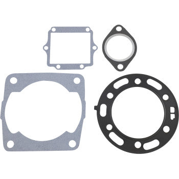 The Polaris Top End Gasket Set by Prox features four precision-engineered gaskets—a large square, round with holes, small rectangular, and triangular—arranged on a white background, perfect for any top-end rebuild.