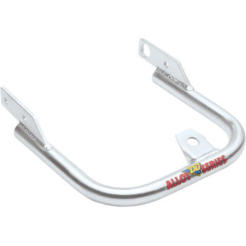 The Honda TRX Grab Bar by DG Performance is a silver, U-shaped lightweight aluminum alloy bracket with mounting holes on both ends and a central tab. Colorful ALLOY SERIES graphics are printed on one side—ideal for use as a bolt-on whip antenna mount.