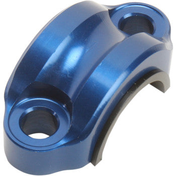The Bar Clamp Rotating Blue by Works Connection is a polished 6061 T-6 aluminum front brake master cylinder clamp with two circular mounting holes and smooth, curved edges.