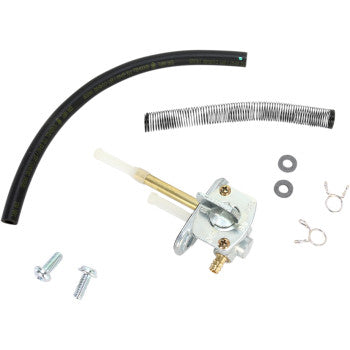 The Yamaha Petcock Fuel Kit by All Balls includes an OE replacement fuel valve, two bolts, a black rubber fuel line, a metal spring, two washers, and two hose clamps displayed on a white background.