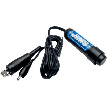 The Jims Remote Starter Tool is a coiled black cable with an alligator clip, small plug, and blue-and-white JIMS label—perfect for engine diagnostics or precise tappet adjustments.