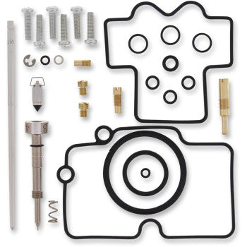 The Honda Carburetor Repair Kit by Moose Offroad includes gaskets, O-rings, screws, jets, a needle, a spring, and assorted small metal and rubber components arranged neatly on a white background.