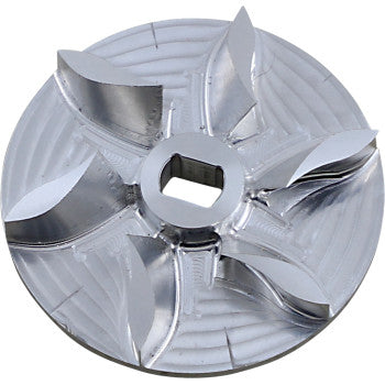 The Mo Flow Water Pump Impeller by Bikeman Performance is a polished, metallic, circular impeller with curved fins and a central square hole, featuring high-flow concentric grooves for efficient performance.