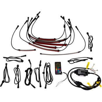 Underglow Kit 8 PC by Moose Offroad includes multiple flexible RGB LED accent lights, connecting cables, a remote control, a control box, and connectors, all displayed on a white background.