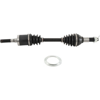 The Can Am Axle Kit Complete 8 Ball Extreme Duty Front Right for Can Am Outlander and Renegade by All Balls, featuring a black chromoly shaft with rubber boots and precision ball bearings, is shown on a white background.
