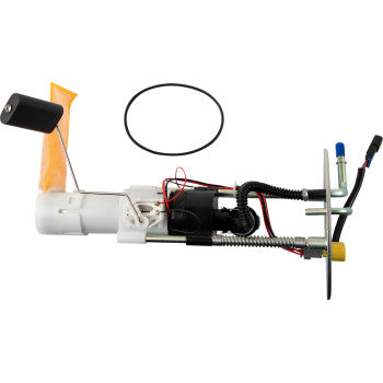 White plastic fuel pump module with black cylindrical motor, metal fuel level sensor arm, wiring connectors, and an included