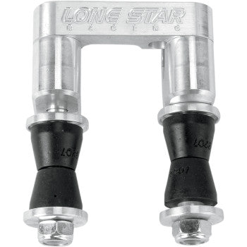 The Yamaha Handlebar Clamp Kit 7/8" by Lone Star Racing / Tech 5 Ind. is a silver stabilizer bracket made from 6061-T6 billet aluminum, featuring two black rubber bushings and metal bolts for vibration damping in ATV or automotive suspension systems.