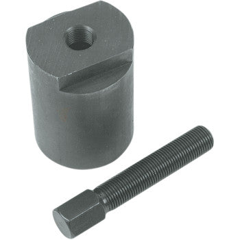 The Flywheel Puller M50 x 1.5 Right Hand Thread - Female by Dennis Stubblefield Sales is a black cylindrical metal tool with a threaded top hole and flat groove, pictured with a matching hex-headed threaded bolt. Made in the USA.