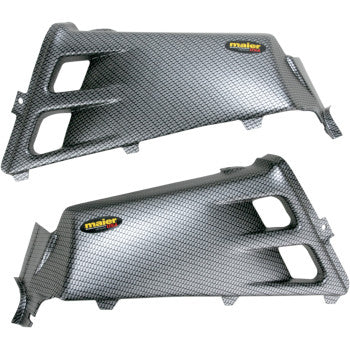 Maier’s Yamaha Banshee Tank Cover in carbon fiber features a textured pattern, rectangular cutouts, and a yellow/red Maier logo sticker on the upper corner; made from durable high-density polyethylene.