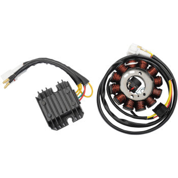 The Yamaha Charging Kit by Ricks Motorsport Electric for YFZ motorcycles includes a 140W stator and regulator rectifier with attached wiring and connectors, displayed side by side on a white background.