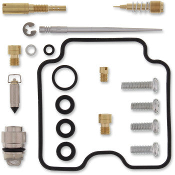 The Yamaha Carburetor Repair Kit by Moose Offroad includes NBR rubber O-rings, gaskets, screws, brass jets, and needle parts, all neatly arranged on a white background.
